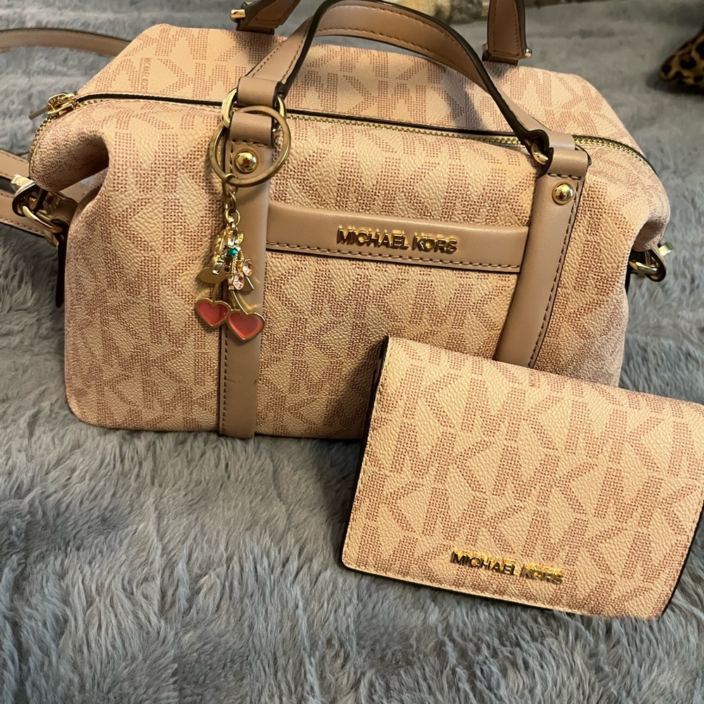 Michael Kors Tan Satchel with Monogram Print and Gold Hardware